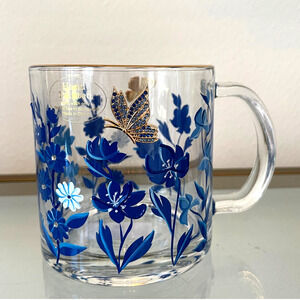 Hand Painted Clear Heavy Glass Mug Blue Floral Rhinestone Butterflies New